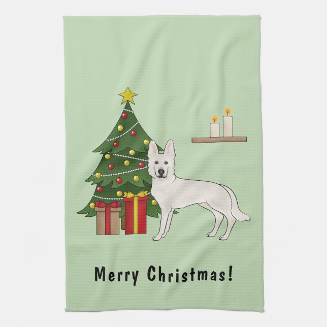 White Swiss Shepherd GSD Green Christmas Tree Geschirrtuch (Vertikal)