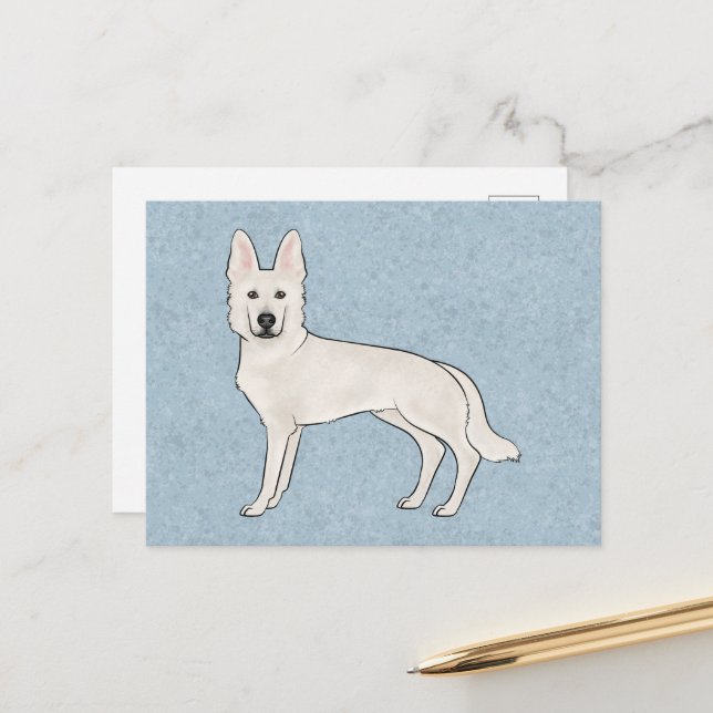 White Swiss Shepherd White GSD Cartoon Dog Blue Postkarte (Vorderseite/Rückseite Beispiel)
