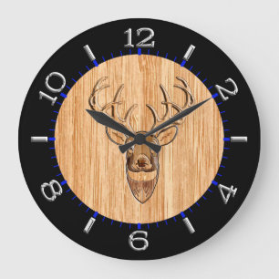 White Tail Deer Head Wood Inlay Style Große Wanduhr