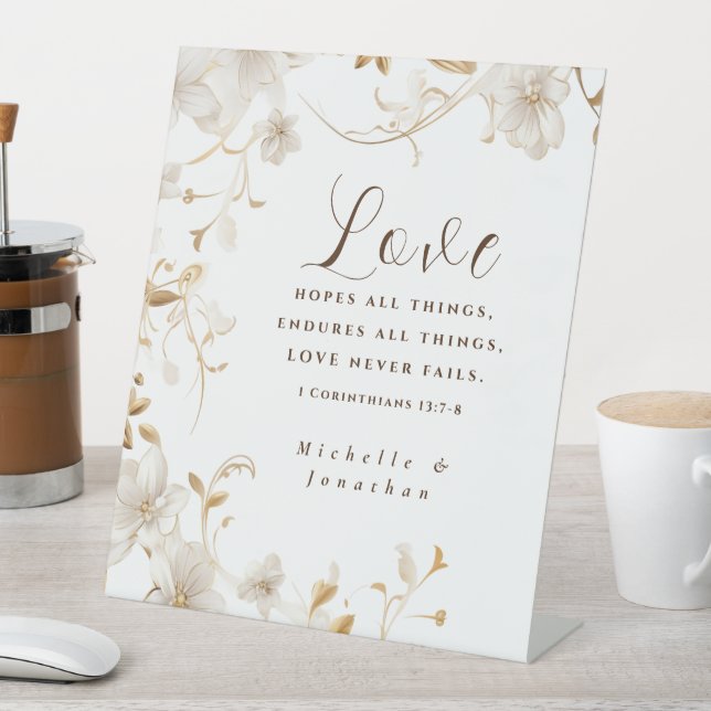White Tan Floral Liebe Versage nie BibelWedding Sockelschild (In Situ)