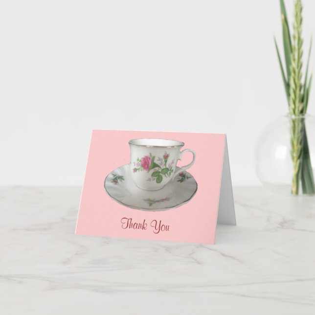 White Teacup und Saucer mit Pink Roses Vielen Dank Dankeskarte (Vorderseite)