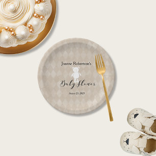 White Teddy Bear Baby Dusche   Tan-Raute Pappteller