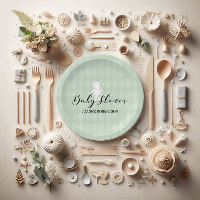 White Teddy Bear Sage Green Diamond Baby Dusche Pappteller (Von Creator hochgeladen)