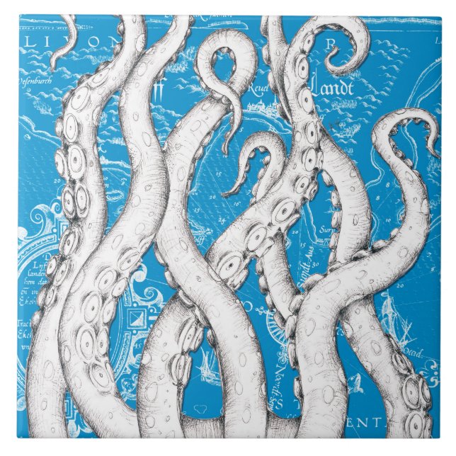 White Tentacles Octopus Vintag Map Blue Nautic Fliese (Vorderseite)