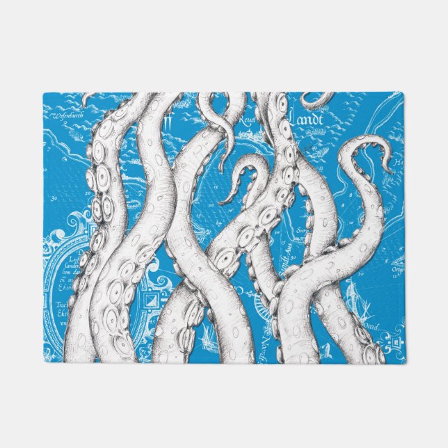 White Tentacles Octopus Vintag Map Blue Nautic Fußmatte (Vorderseite)