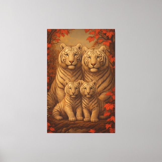 White Tiger Family of Four – Autumn Maple Fine Art Leinwanddruck (Vorderseite)