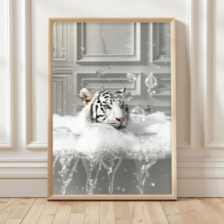 White Tiger in Bathtub Art Print Maximalist Decor  Poster