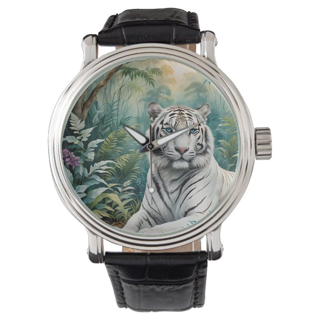 White Tiger Jungle Flora Armbanduhr (Vorderseite)