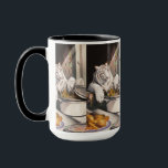 White Tiger Kitchen Moment Tasse<br><div class="desc">Morning light pours softly into a quiet rustic kitchen where an unexpected cook stands at the table. A majestic white tiger leans forward with quiet curiosity, peering into a warm pot of golden stew. One large paw gently stirs as if the striped chef is thoughtfully testing a recipe passed down...</div>