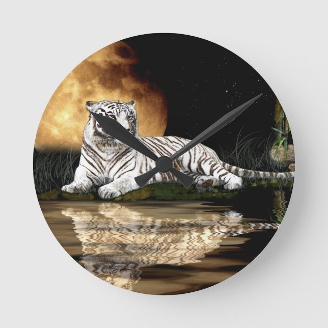 White Tiger & Moon Big Cat Animal-Lover Wall Clock Runde Wanduhr (Vorderseite)