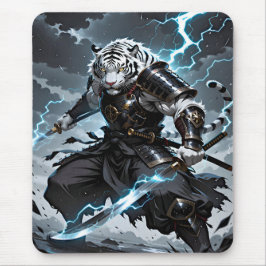 White Tiger Samurai Warrior Blue Lightning Gaming Mousepad