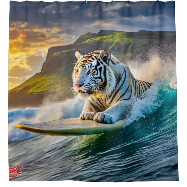 White Tiger Surfing Design von Rich AMeN Gill Duschvorhang (Vorderseite)