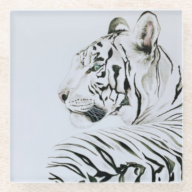 White Tiger Watercolor Glasuntersetzer (Vorderseite)