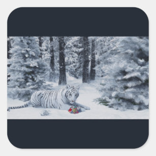 White Tiger Winterwald-Aufkleber  Quadratischer Aufkleber