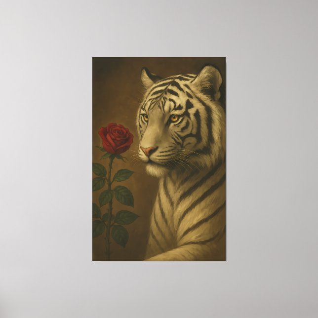 White Tiger with a Rose – Premium Portrait Fine Ar Leinwanddruck (Vorderseite)