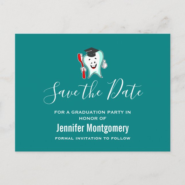 White Tooth mit Graduierstift Save the Date Einladungspostkarte (Vorderseite)