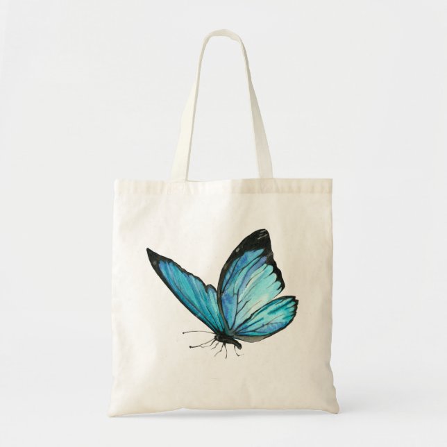 White Tote Bag with Blue Butterfly & Blue Flowe Tragetasche (Vorne)