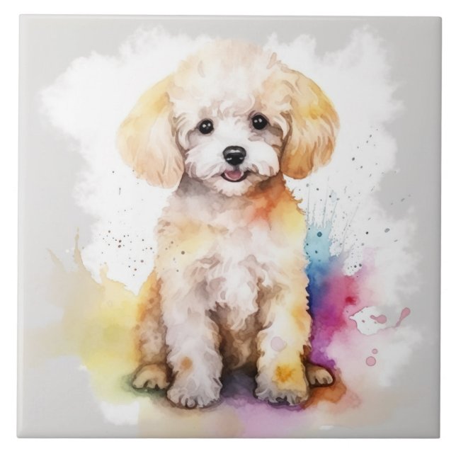 White Toy Poodle Watercolor Puppy Fliese (Vorderseite)