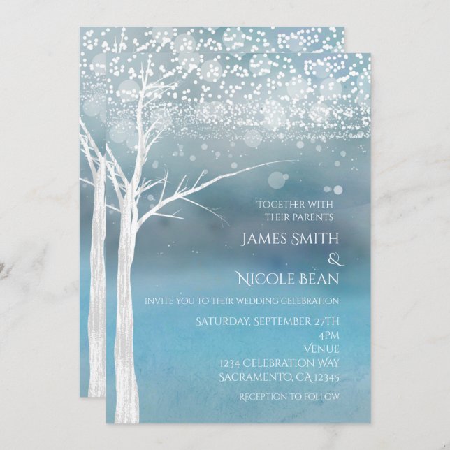 White Tree Winter Blue Elegante Einladung Hochzeit (Vorne/Hinten)