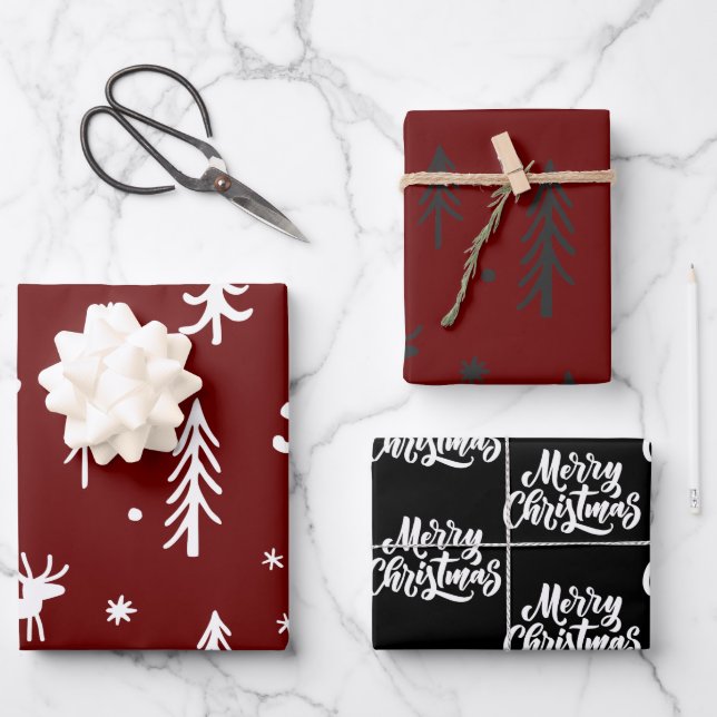 White Trees Illustrations Red Christmas Pattern Geschenkpapier Set (Vorderseite)