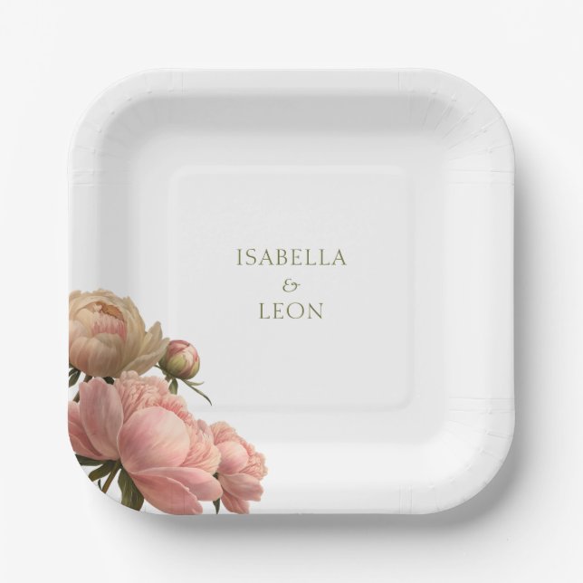 White | Trendy Vintage Rose Wedding  Pappteller (Vorderseite)