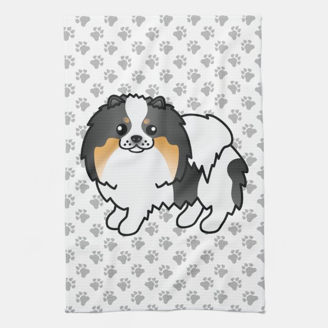 White Tricolor Spitz Niedlich Cartoon Dog & Paws Geschirrtuch (Vertikal)