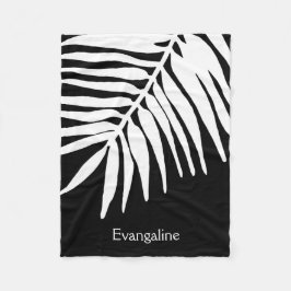 White Tropical Jungle Fern Leaf Druck auf schwarz Fleecedecke