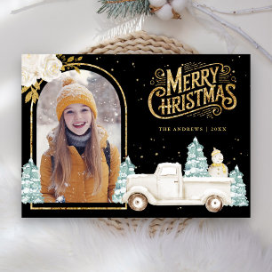 White Truck Snowman Gold Weihnachts Foto Black Feiertagskarte