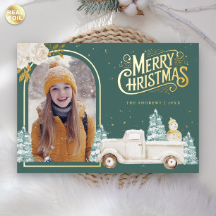 White Truck Snowman Weihnachts-Foto Aquamarin Gold Folien Feiertagskarte