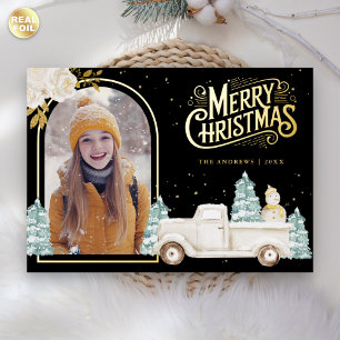 White Truck Snowman Weihnachts-Foto Black Gold Folien Feiertagskarte