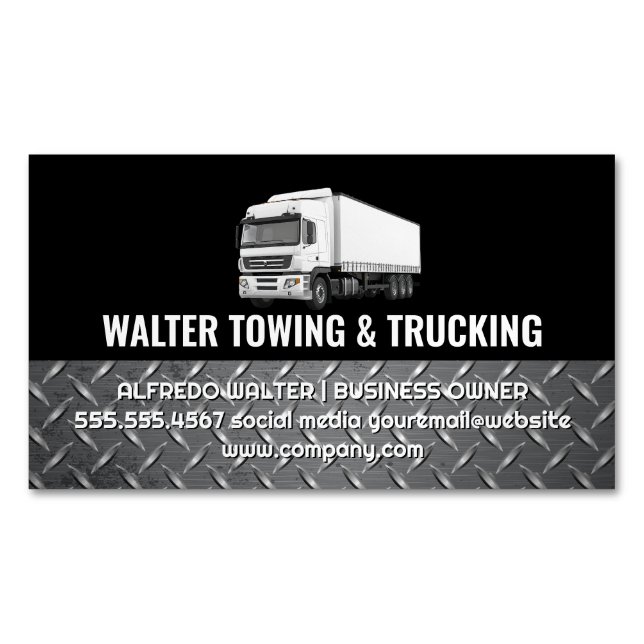White Trucking Logo | Steel Trim | Logistics  Magnetische Visitenkarte (Vorderseite)