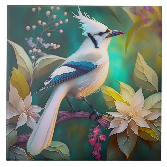 White Tufed Aquamarin Wing Jay Fantasy Bird Fliese (Vorderseite)
