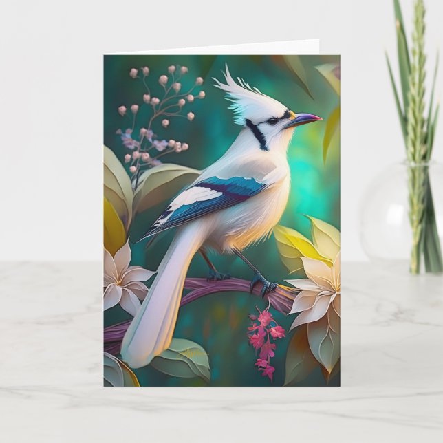 White Tufed Aquamarin Wing Jay Fantasy Bird Karte (Vorderseite)