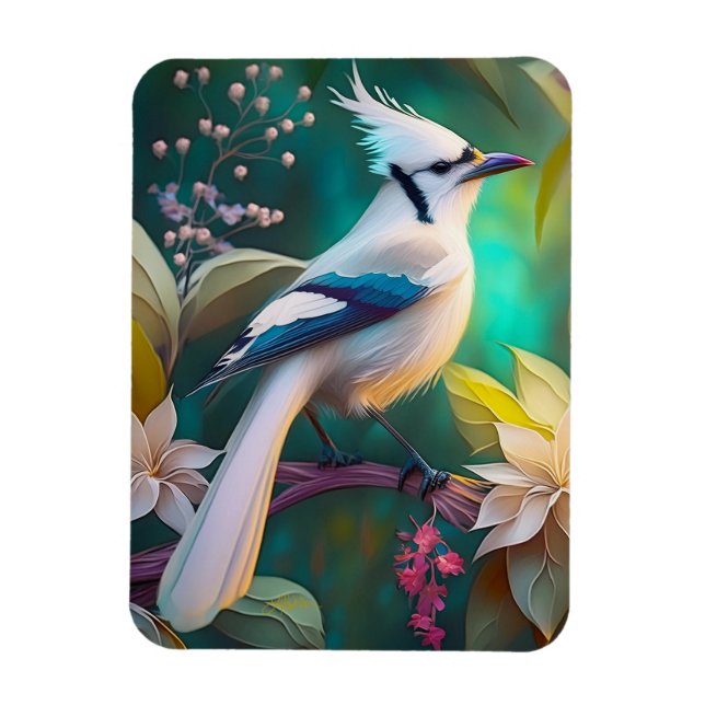 White Tufed Aquamarin Wing Jay Fantasy Bird Magnet (Vertikal)
