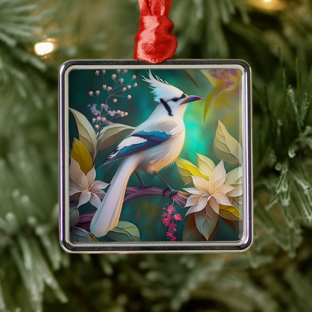 White Tufed Aquamarin Wing Jay Fantasy Bird Ornament Aus Metall (Baum)