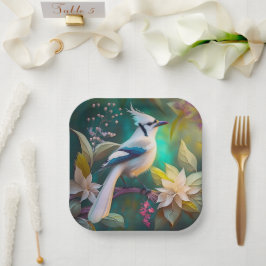White Tufed Aquamarin Wing Jay Fantasy Bird Pappteller