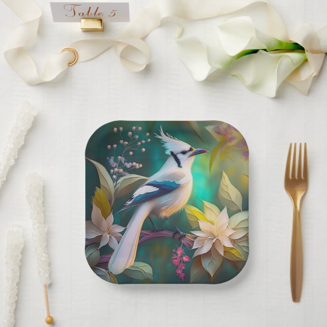 White Tufed Aquamarin Wing Jay Fantasy Bird Pappteller (Hochzeit)