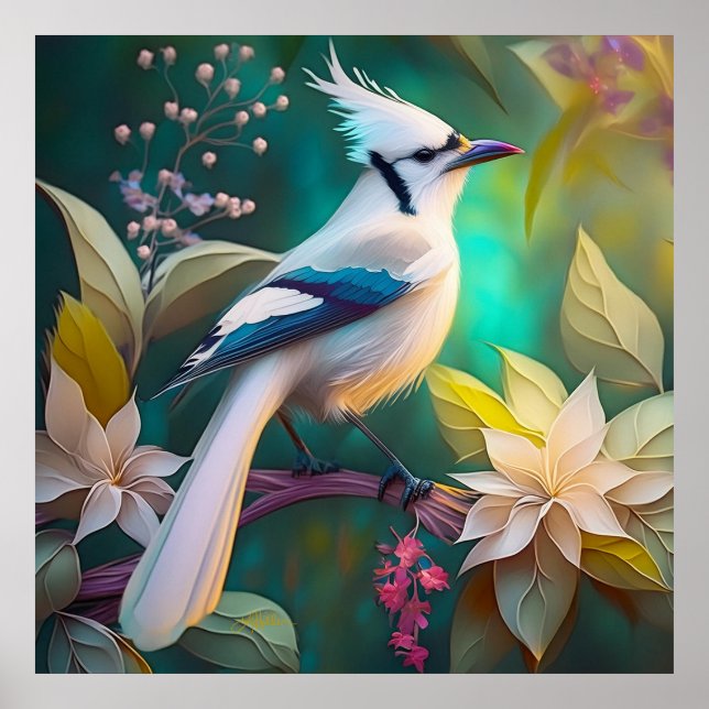 White Tufed Aquamarin Wing Jay Fantasy Bird Poster (Vorne)