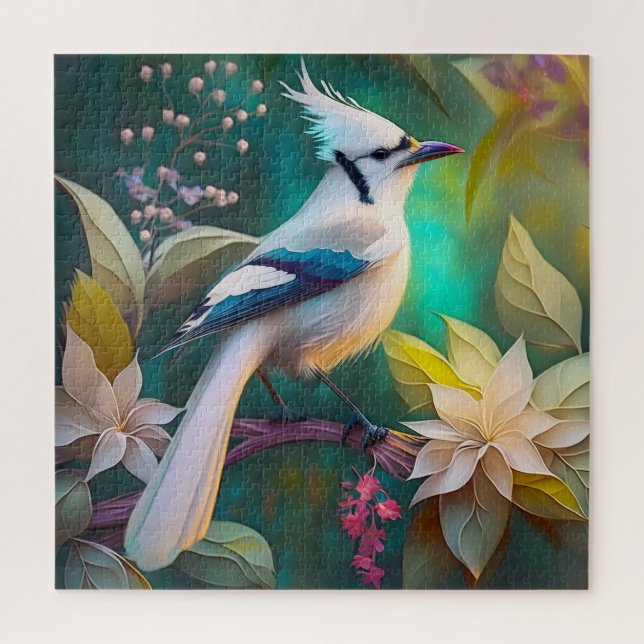White Tufed Aquamarin Wing Jay Fantasy Bird Puzzle (Vertikal)