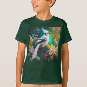 White Tufed Aquamarin Wing Jay Fantasy Bird T-Shirt
