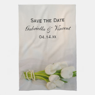 White Tulip Bouquet Spring Wedding Save the Date Geschirrtuch