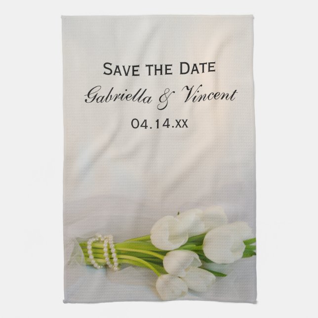 White Tulip Bouquet Spring Wedding Save the Date Geschirrtuch (Vertikal)