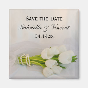 White Tulip Bouquet Spring Wedding Save the Date Magnet