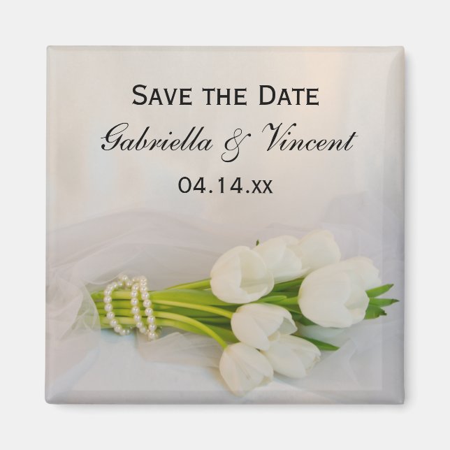 White Tulip Bouquet Spring Wedding Save the Date Magnet (Vorne)