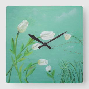 White Tulip Clock Quadratische Wanduhr