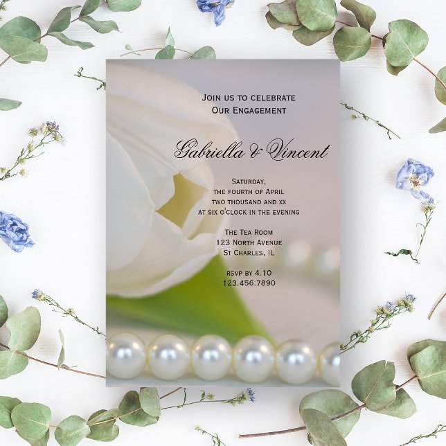 White Tulip und Pearls Spring Engagement Party Einladung (Von Creator hochgeladen)