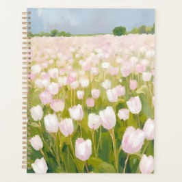 White Tulips Flower Field Painting Watercolor Planer