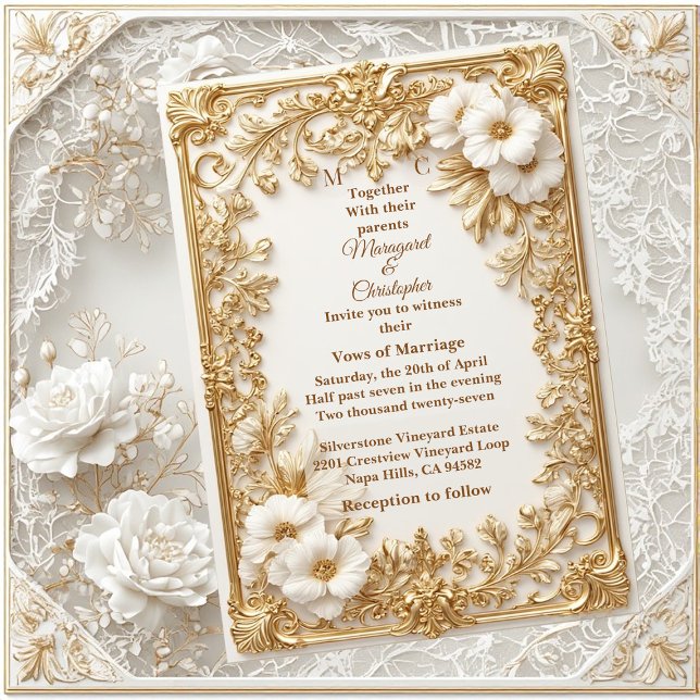 White Tulips Gold Ornate Baroque Grandeur Wedding  Einladung (White Tulips Gold Ornate Baroque Grandeur Wedding Invitation)