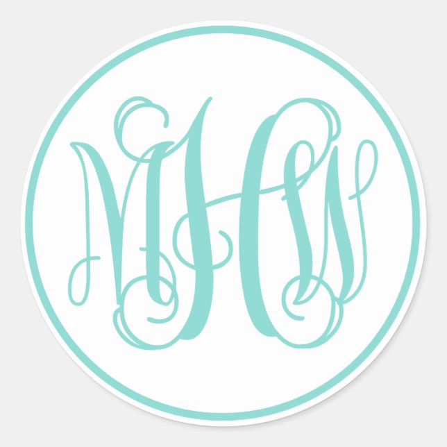 White Turq Aqua Vine Script Monogram, DIY BG Runder Aufkleber (Vorderseite)