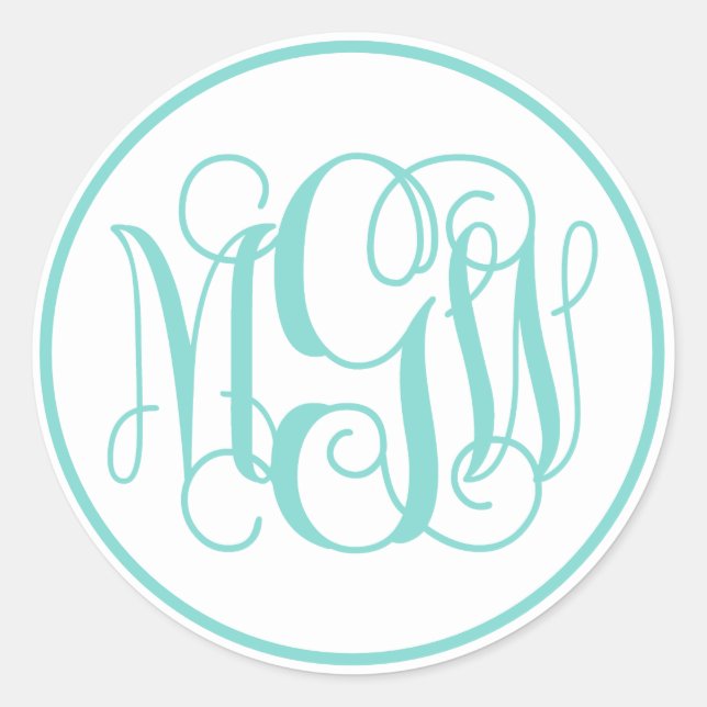 White Turq Aqua Vine Script Monogram, DIY BG Runder Aufkleber (Vorderseite)